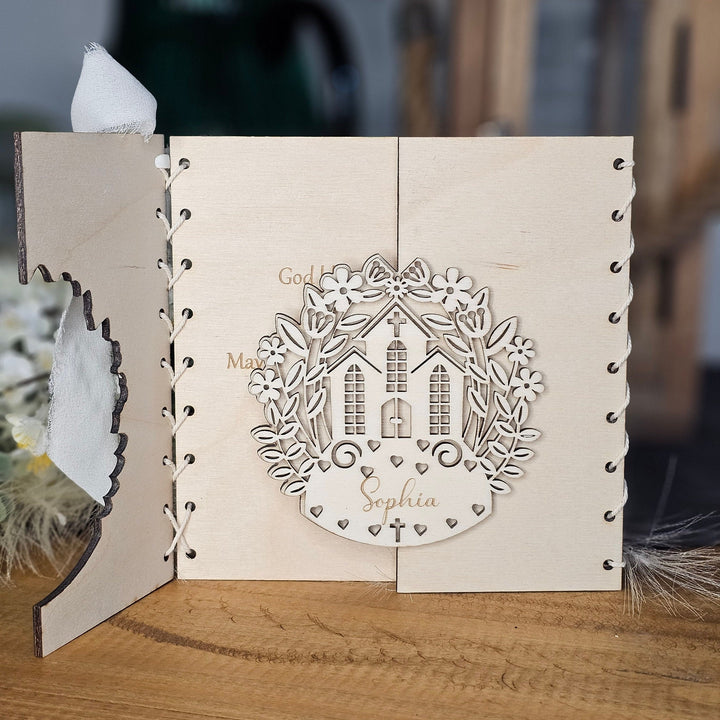 Personalised First Holy Communion Card Church Design, Rustic Wooden Keepsake, Custom message gift card