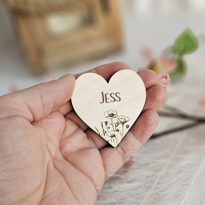 Wedding Place Name Favours, Personalised Engraved Rustic Heart Tags, Botanical Wooden Wedding Keepsakes