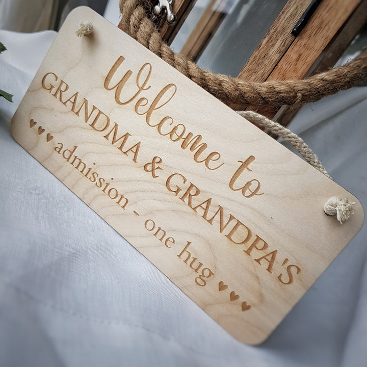 Grandma & Grandpa's Wooden Plaque - Personalised Rustic Hugs Admission Sign - Welcome to Grandparents House