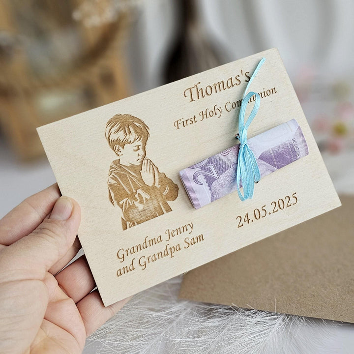 Personalised First Holy Communion Wooden Money Card - Praying Boy