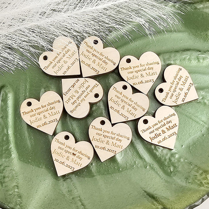 Wedding Heart Favours - Personalised Wooden Thank You Tokens,  Custom Engraved Rustic Gift Tags