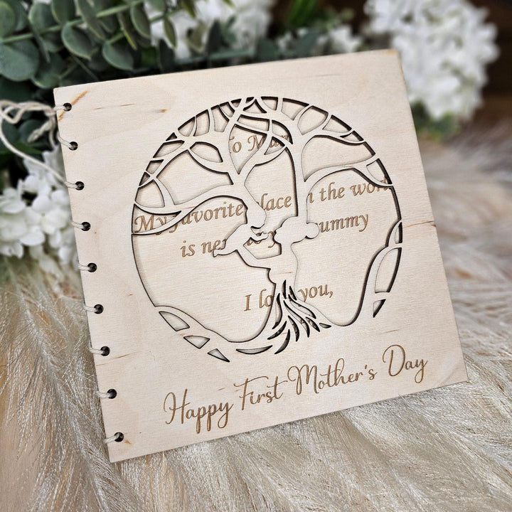 Personalised First Mother's Day Wooden Card with Mother and Baby Tree cutout - Gift for Mom, Mum, Grandmother, Nanny, Grandma, Granny