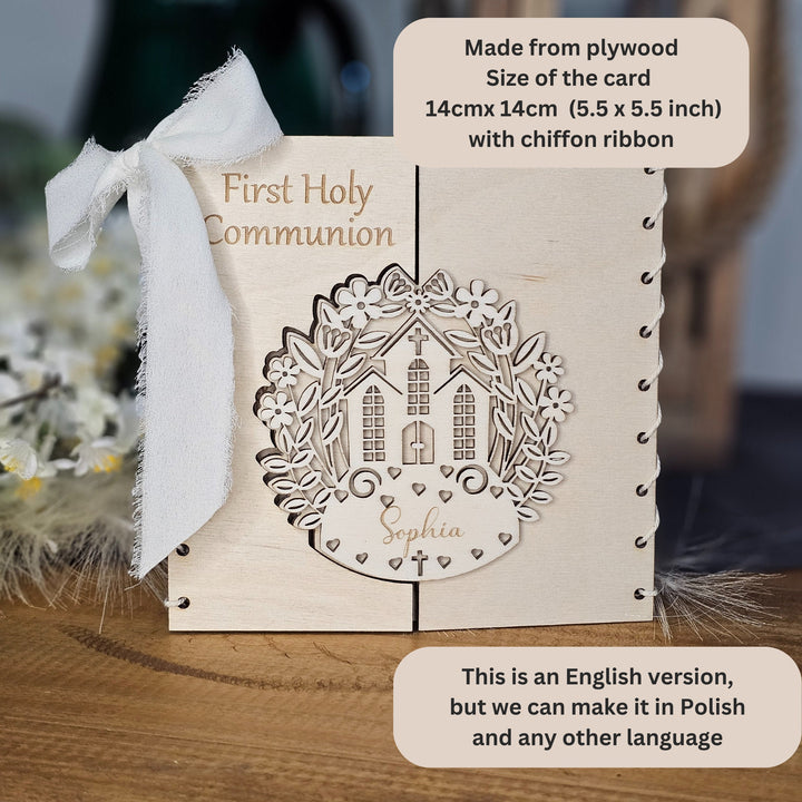 Personalised First Holy Communion Card Church Design, Rustic Wooden Keepsake, Custom message gift card