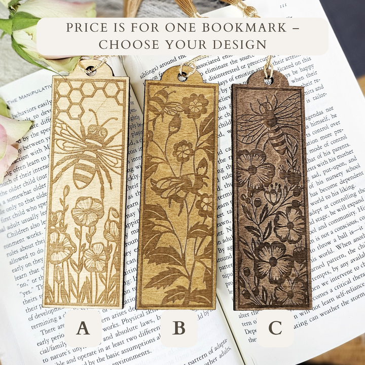 Personalised Bee Wooden Bookmark - Engraved Handmade Floral Bookmark Gift for Book Lovers