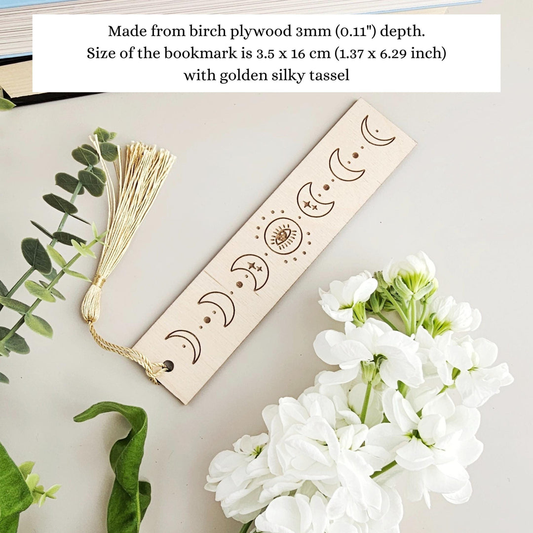 Celestial Moon Phase Bookmark - Personalised Engraved Wooden Spiritual Gift for Book Lovers