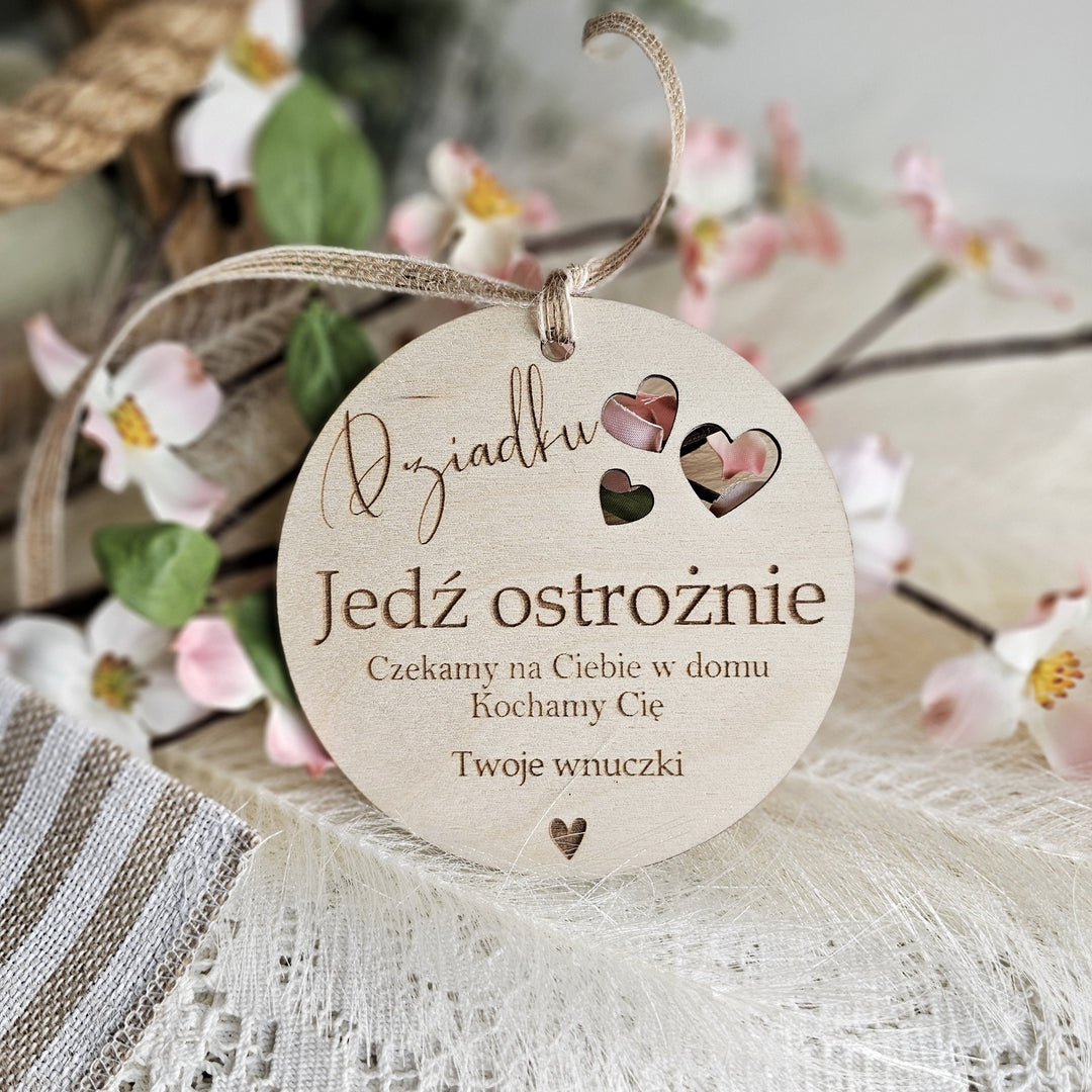 Car Mirror Drive Safe Charm for Grandparents, Personalised Laser Cut and Engraved Wooden Pendant - Polish Dzien Babci i Dziadka Gift
