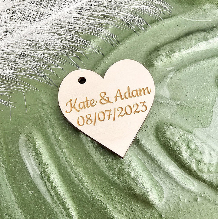 Wedding Heart Favours - Personalised Wooden Thank You Tokens,  Custom Engraved Rustic Gift Tags