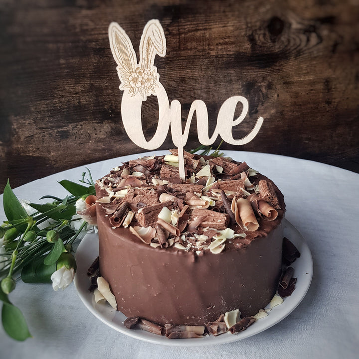 Easter Birthday Wooden Cake Topper, Floral Bunny Ears, Boho / Rustic cake decoration