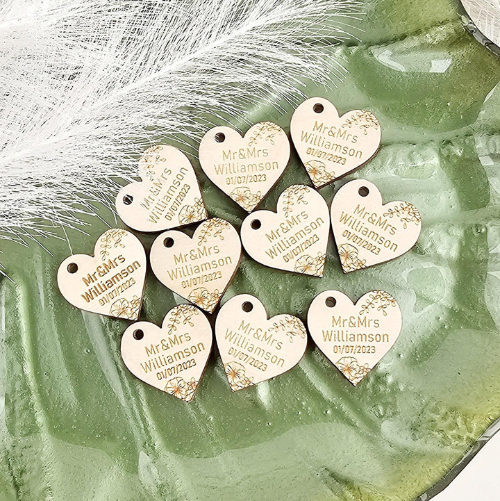 Wedding Heart Favours - Personalised Wooden Thank You Tokens,  Custom Engraved Rustic Gift Tags