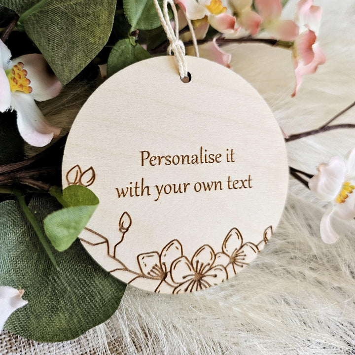 Personalised Wooden Gift Tag - Spring Flowers Car Mirror Charm Wedding Keepsake