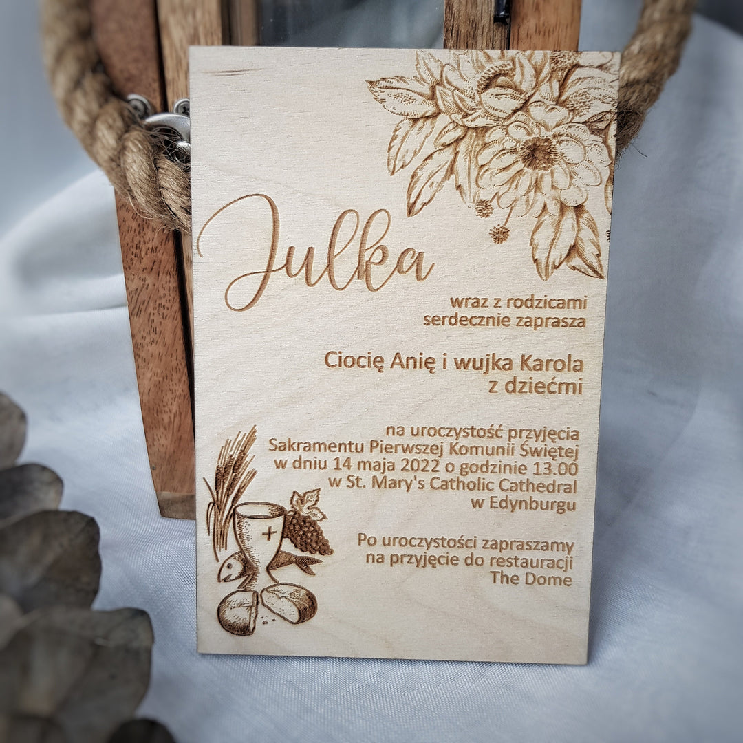Wooden First Holy Communion Invitation – Personalised Engraved Floral Communion Card