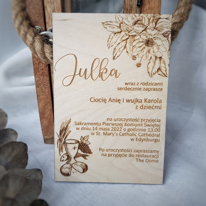 Wooden First Holy Communion Invitation – Personalised Engraved Floral Communion Card