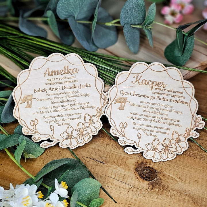 Personalised First Holy Communion Wooden Invitation - Rustic Floral wreath - Baptism Christening Confirmation Invite, Zaproszenie na Komunie