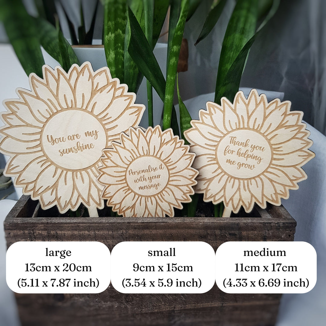 Personalised Sunflower Plant Gift Tag - Wooden Label for Teachers Valentines Mothers Day Birthdays