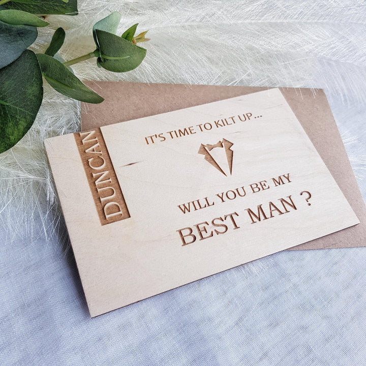 Best Man Wooden Card - It's time to kilt up, suit up - Personalised Wedding Proposal Keepsake - Will you be my Usher