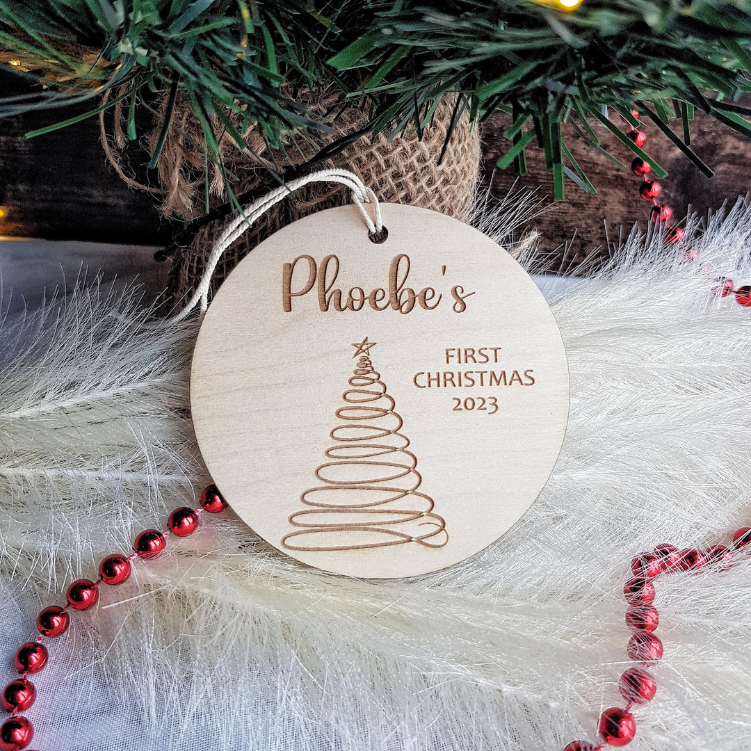 Personalised Round Wooden Ornament - Babys First Christmas Tree Bauble with Rustic Modern Design