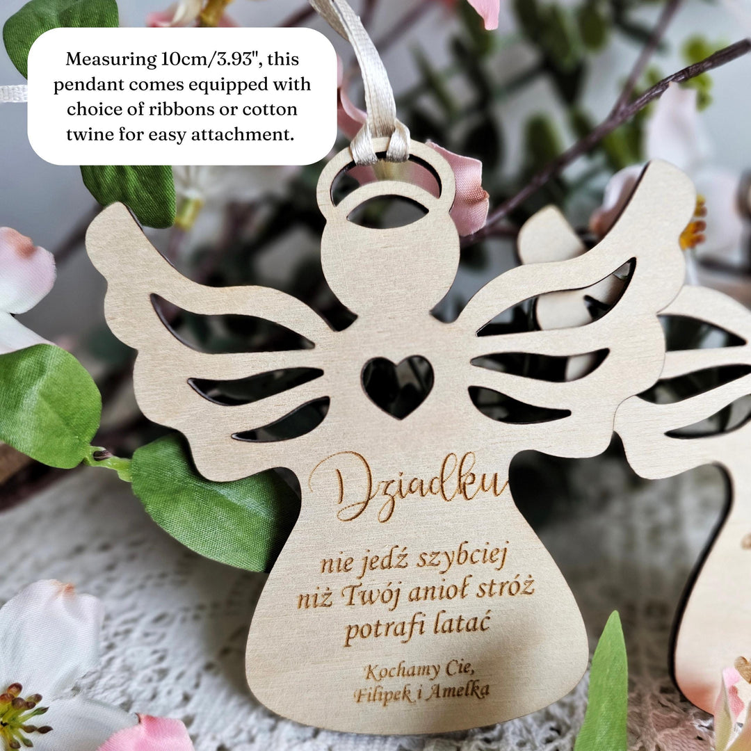 Rear Car Mirror Angel Lucky Charm, Personalised Drive Safe Wooden Pendant, Gift for Dzien Babci Dziadka Grandfather Grandmother Mum Dad