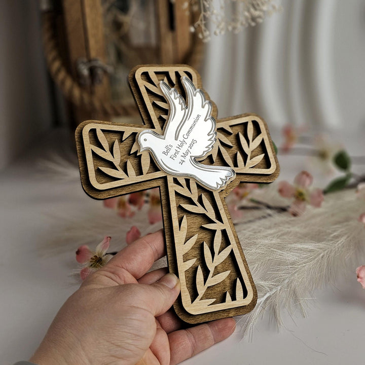Personalised First Holy Communion Cross Gift – Wooden Catholic Dove Keepsake