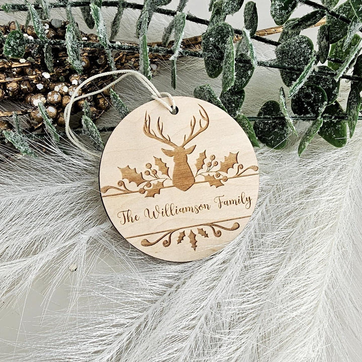 Personalised Wooden Deer Monogram Christmas Ornament - Festive Tree Decoration