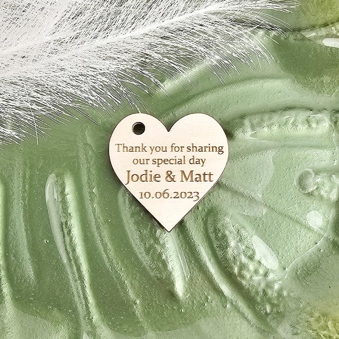 Wedding Heart Favours - Personalised Wooden Thank You Tokens,  Custom Engraved Rustic Gift Tags