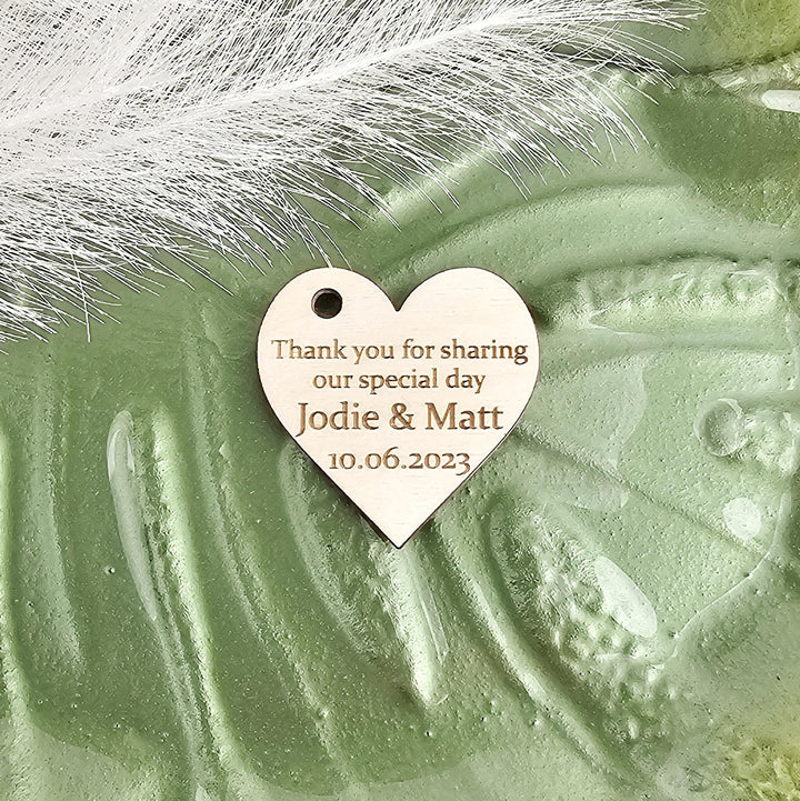 Wedding Heart Favours - Personalised Wooden Thank You Tokens,  Custom Engraved Rustic Gift Tags