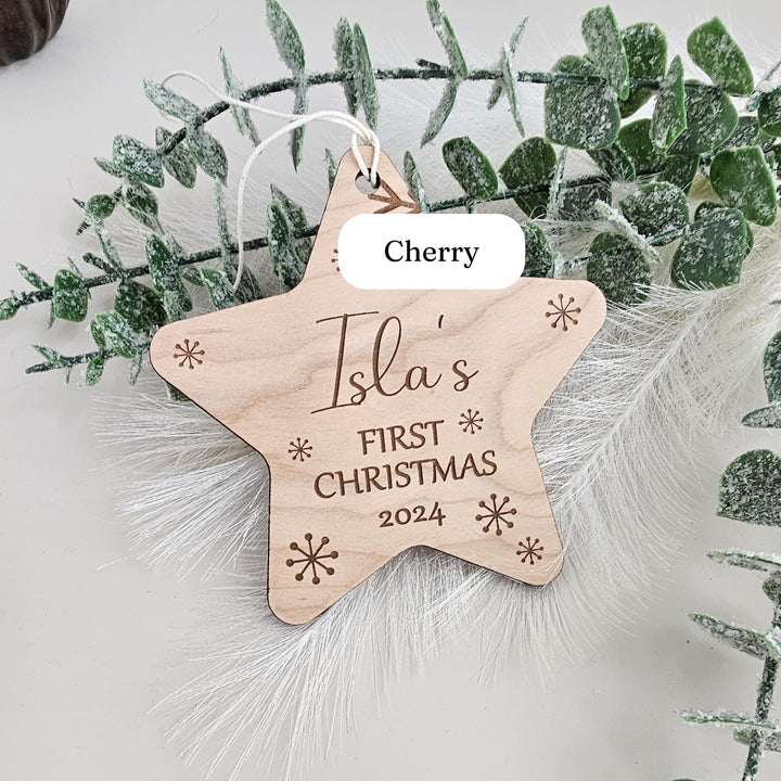 Personalised Baby's First Christmas Tree Bauble - Custom Name Wooden Ornament - Snowflakes Star Bauble