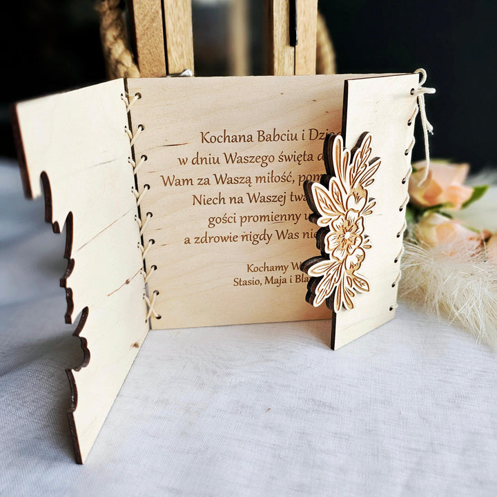 Personalised Rustic Wooden Folding Card Keepsake for Polish Grandmother's Day - Kartka Prezent na Dzien Babci i Dziadka