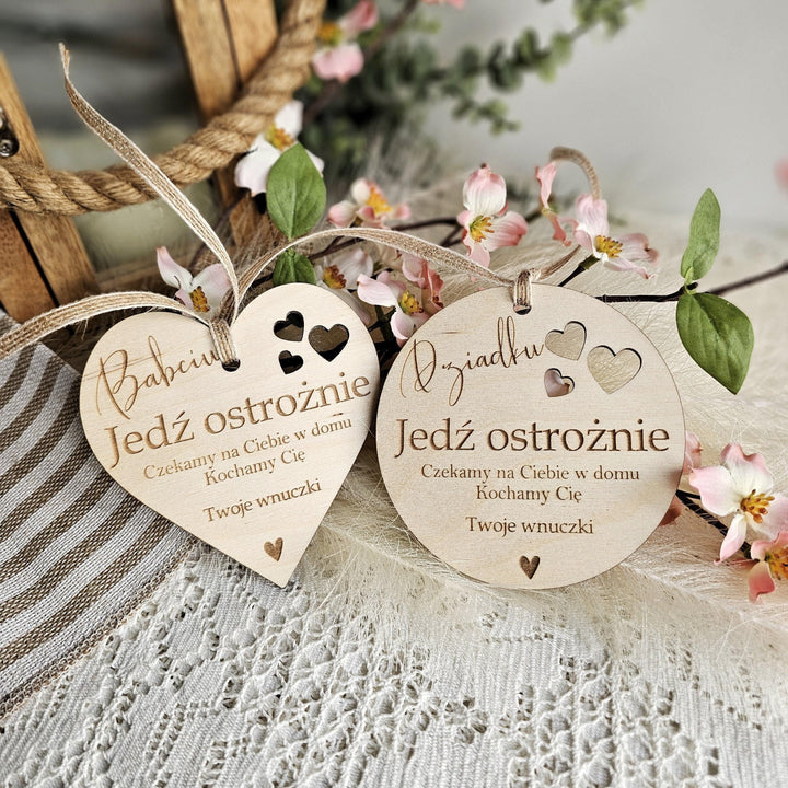 Personalized Wooden Car Mirror Charm - Engraved Drive Safe Pendant for Grandparents