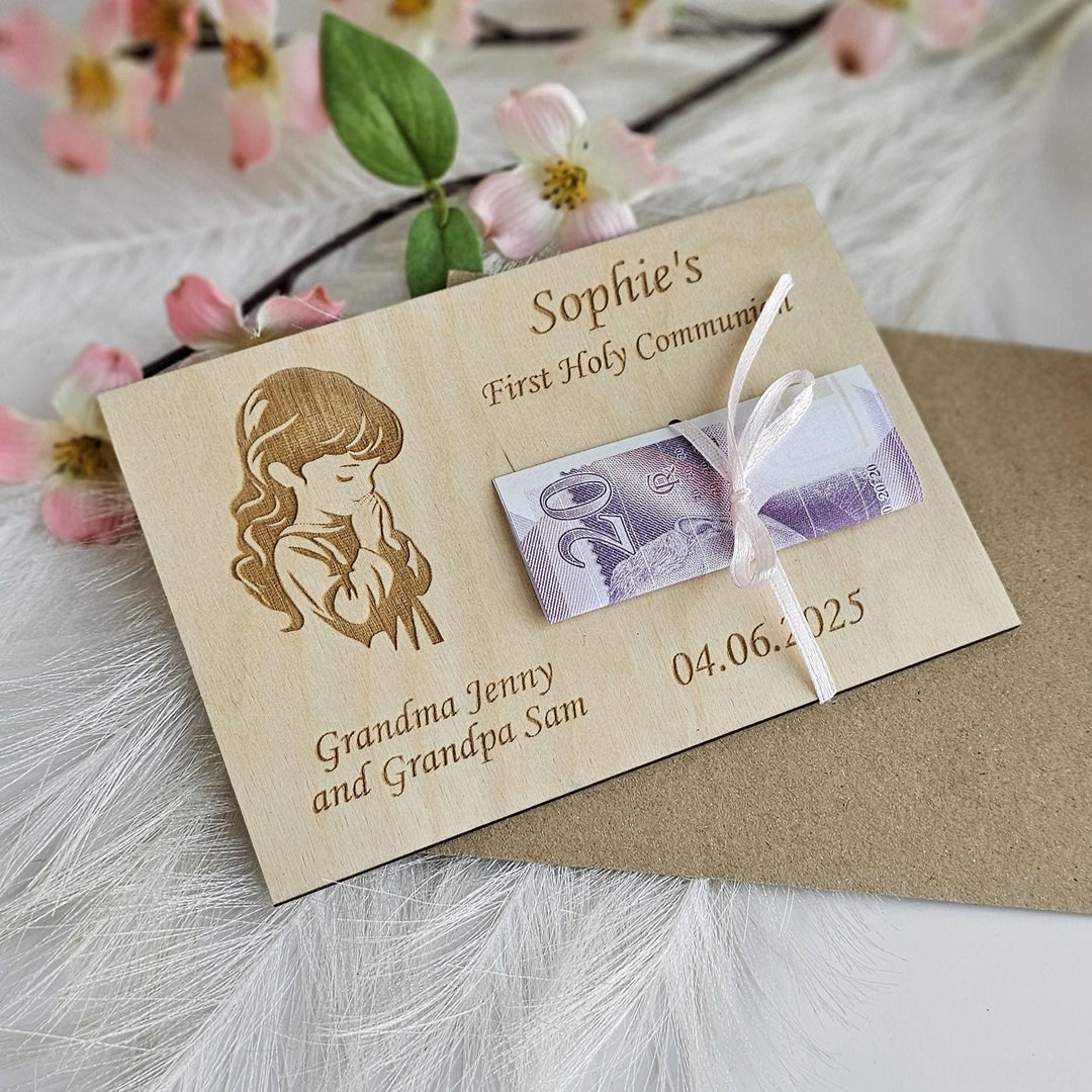 Personalised Money Wallet – Wooden First Holy Communion Gift Card For Girl Keepsake