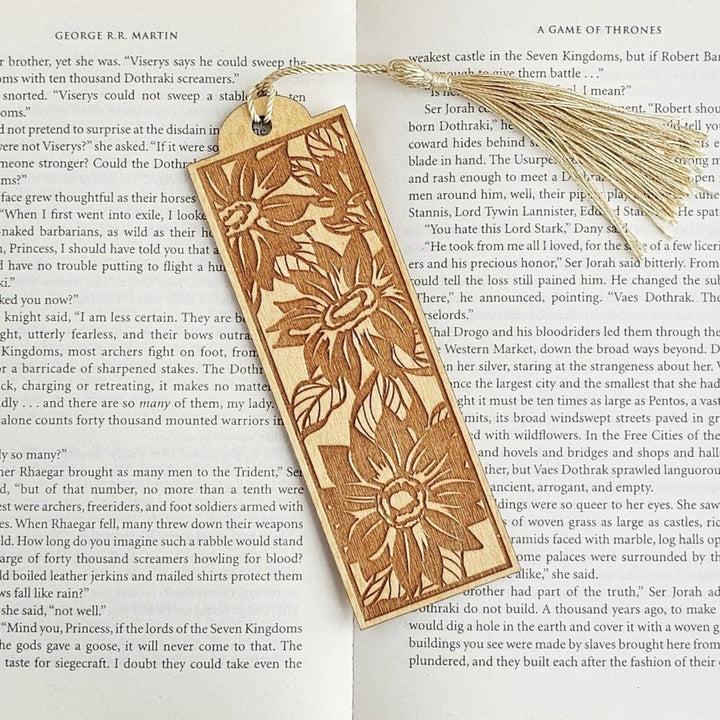 Wooden Sunflower Bookmark - Personalised Laser Engraved Gift with Golden Tassel
