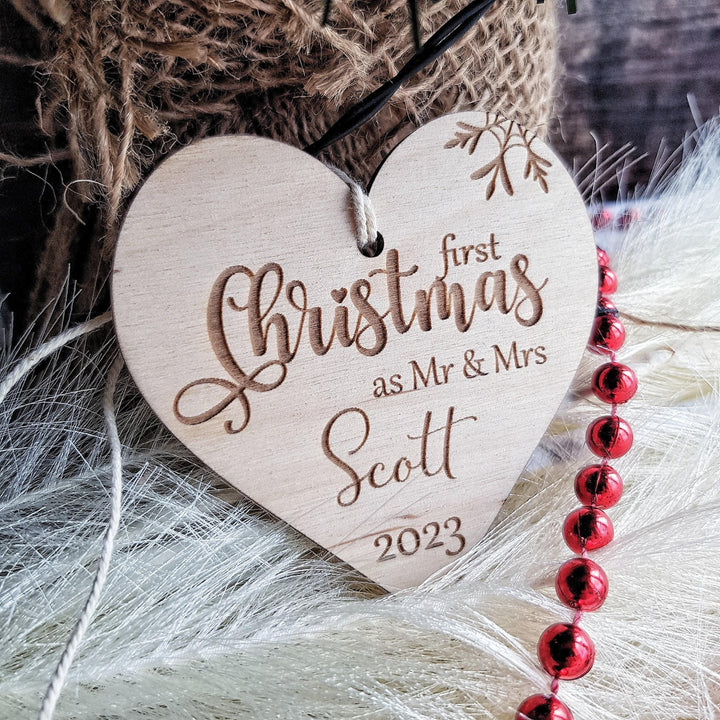 Personalised Mr  Mrs Christmas Bauble - First Xmas Ornament Wooden Keepsake