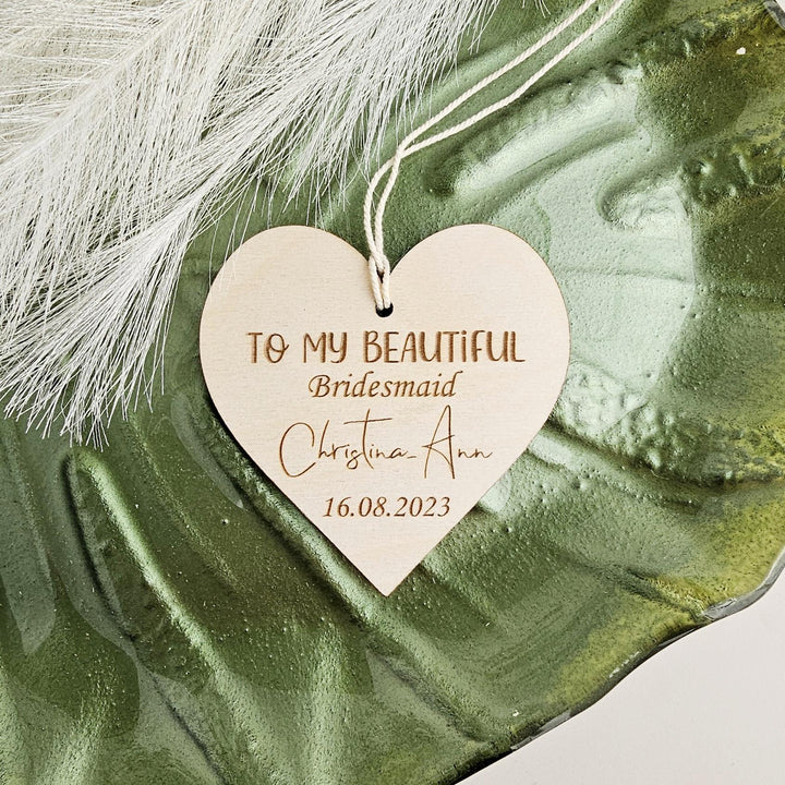Personalised Wedding Gift Heart Plaque - Bridal Party Tag / Ornament- Bridesmaid, Maid of Honour, Flower Girl Wooden Keepsake