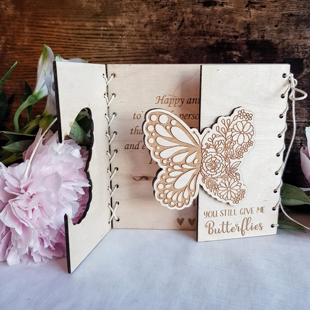 Personalised Anniversary Card - 'You Still Give Me Butterflies' Boho Butterfly - Rustic Wooden Keepsake Gift, Couple Gift