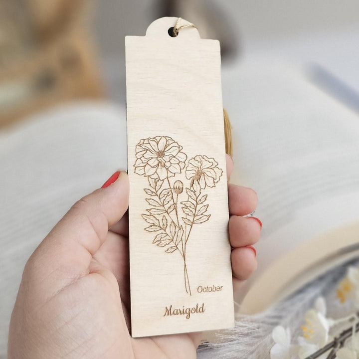 Birth Flower Bookmark October Marigold - Personalised Wooden Gift for Book Lovers