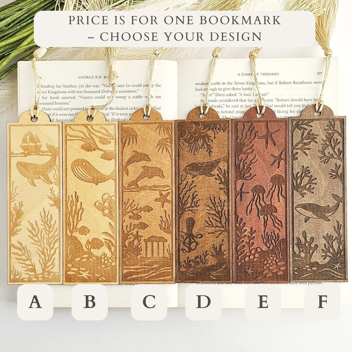 Personalised Sea Animals Wooden Bookmark - Engraved Ocean Bookmark Gift for Book Lovers