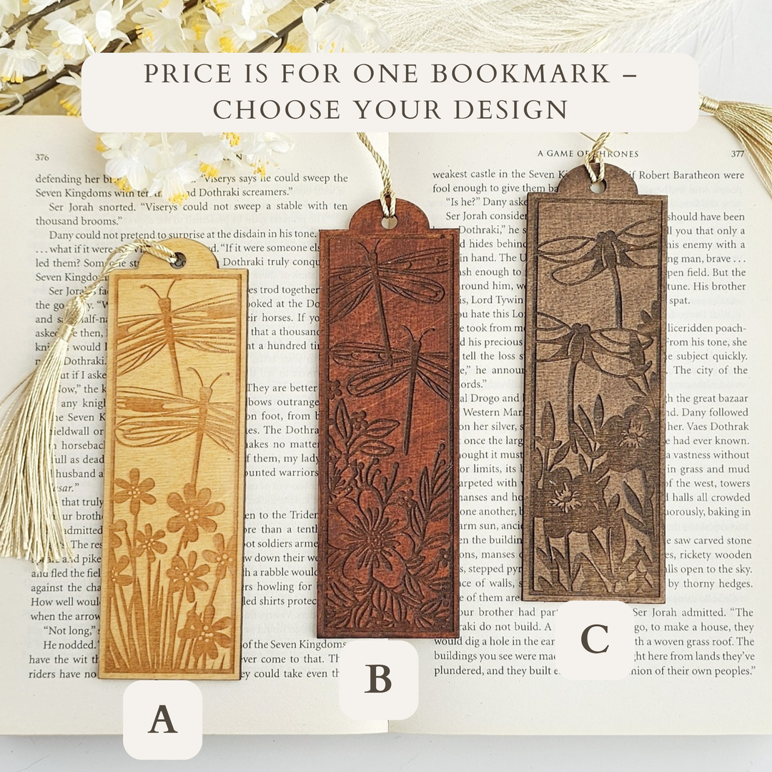 Personalised Dragonfly Wooden Bookmark – Engraved Handmade Gift for Book Lovers