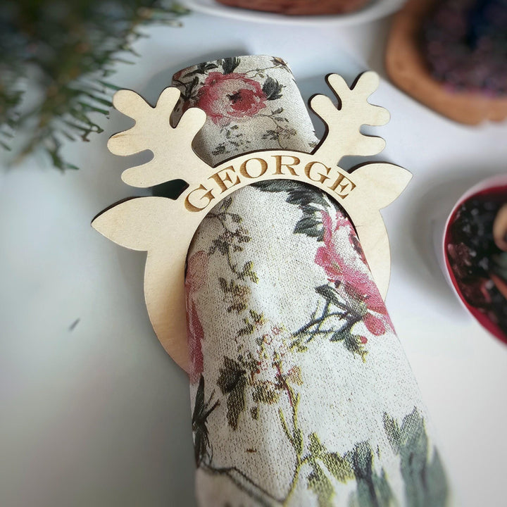 Personalised Rustic Reindeer Wooden Napkin Ring - Christmas Table Decoration