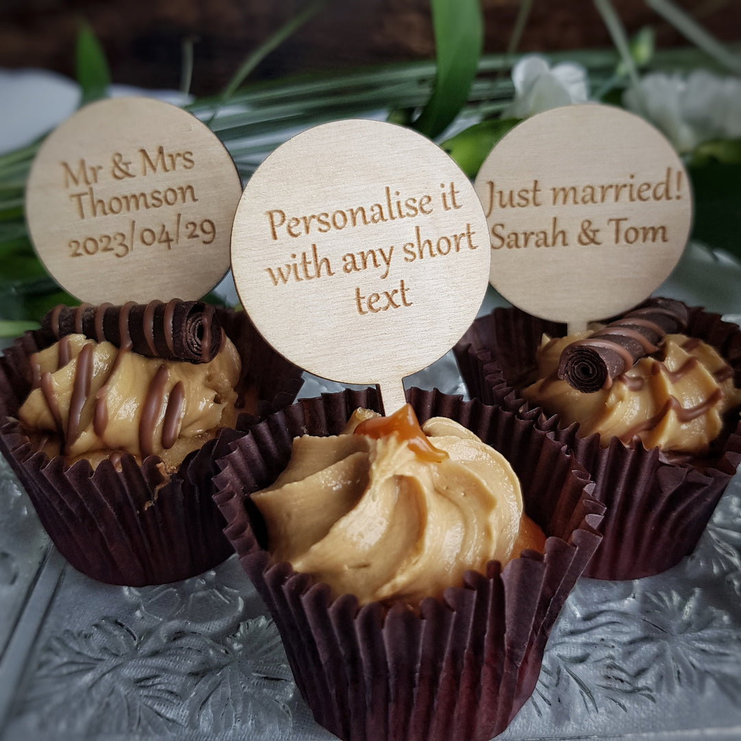 Personalised Cupcake Toppers: Rustic Wooden Party Decoration - Round