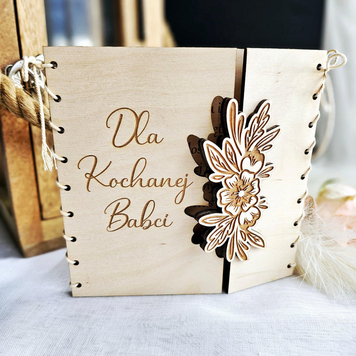 Personalised Rustic Wooden Folding Card Keepsake for Polish Grandmother's Day - Kartka Prezent na Dzien Babci i Dziadka