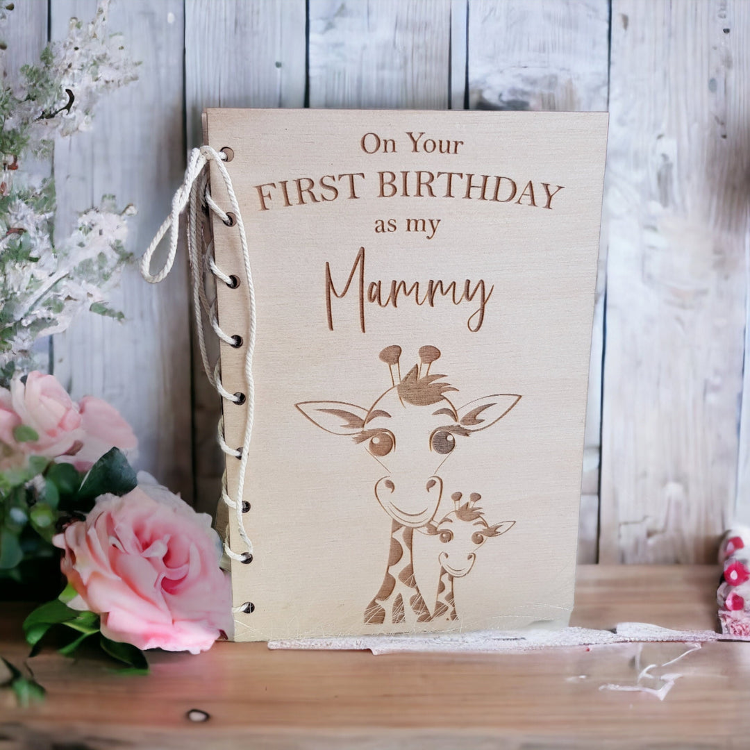 Personalised Birthday Card Gift for Mother - Giraffe Mum and Child Rustic Wooden Keepsake - Perfect for Grandmothers and Aunties