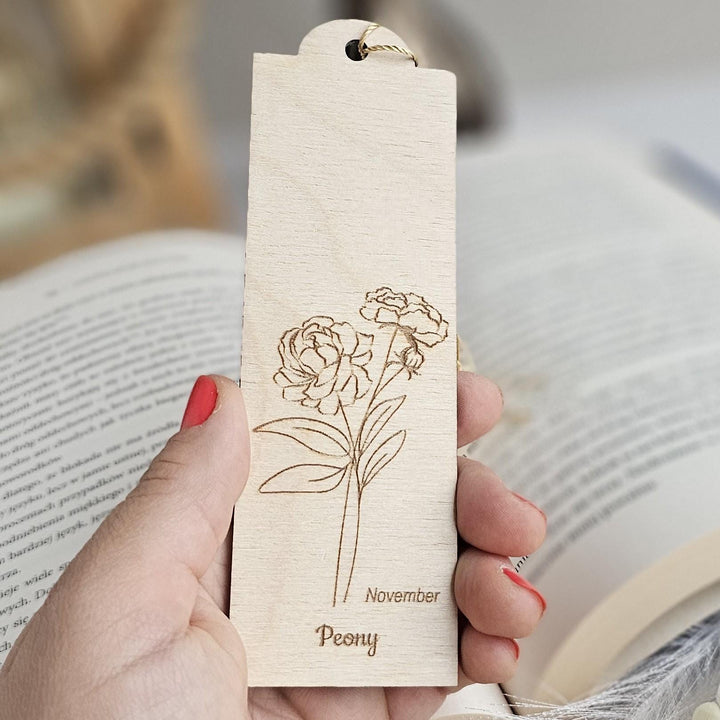 Birth Flower Bookmark November Peony - Personalised Wooden Gift for Book Lovers