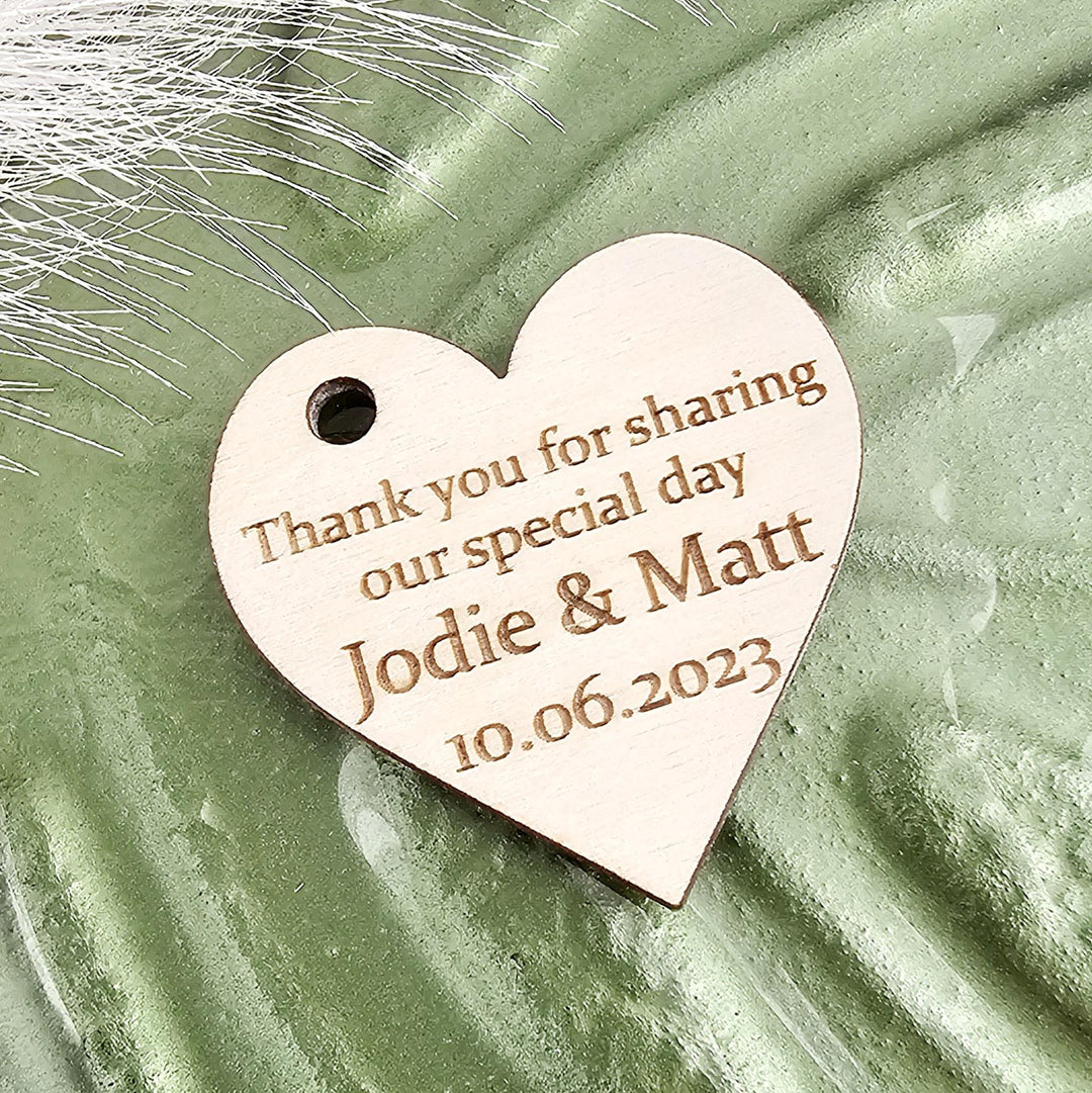 Wedding Heart Favours - Personalised Wooden Thank You Tokens,  Custom Engraved Rustic Gift Tags