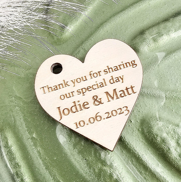 Wedding Heart Favours - Personalised Wooden Thank You Tokens,  Custom Engraved Rustic Gift Tags