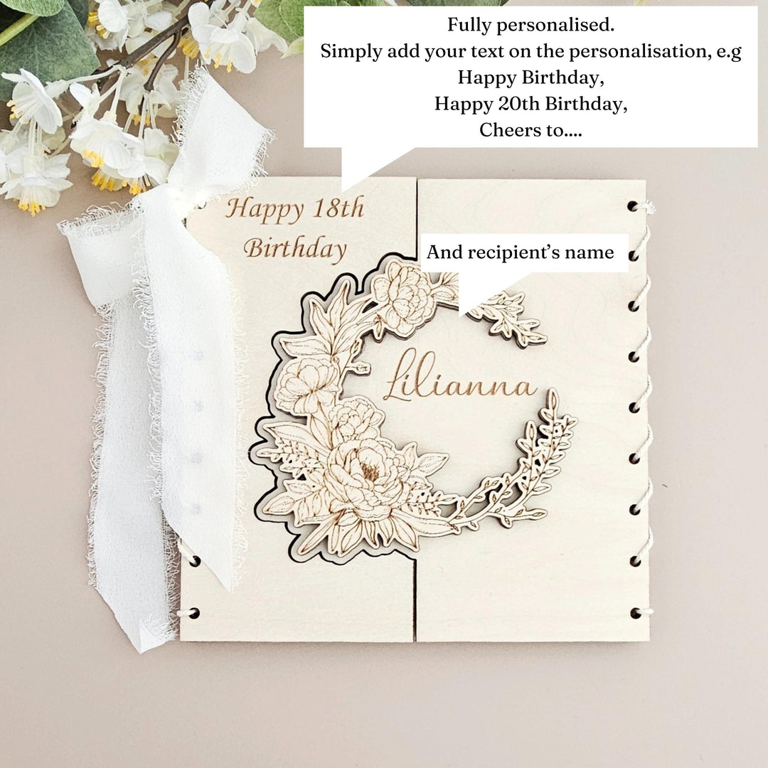 Personalised Birthday Wooden Card - Rustic Peony Keepsake