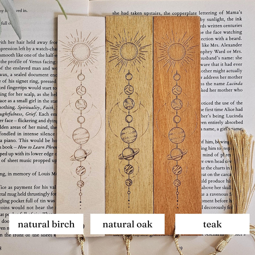 Wooden Solar System Bookmark - Moon  Planets with Mystical Line Art and Customizable Back Message