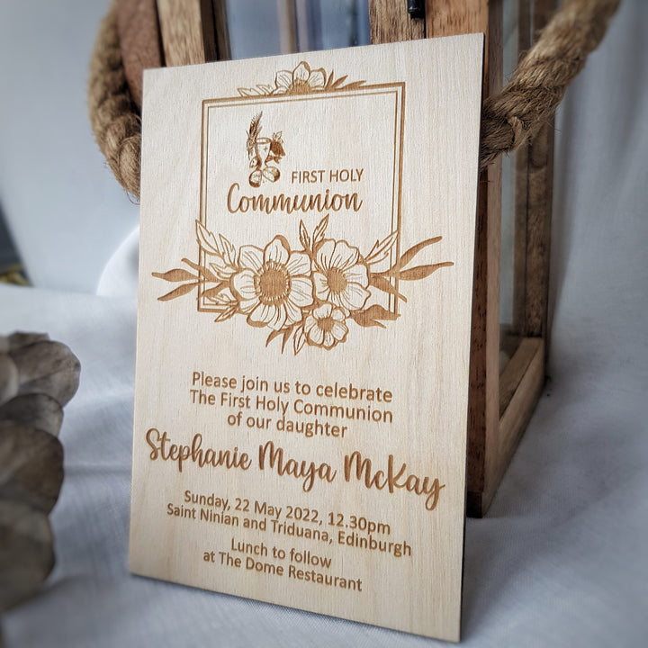 Wooden First Holy Communion Invitation – Personalised Engraved Floral Keepsake Card