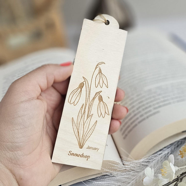 Birth Flower Bookmark January Snowdrop - Personalised Wooden Gift for Book Lovers
