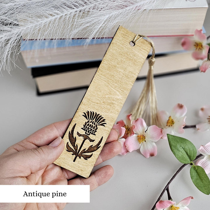 Personalised Wooden Bookmark – Custom Engraved Scottish Thistle Design Gift