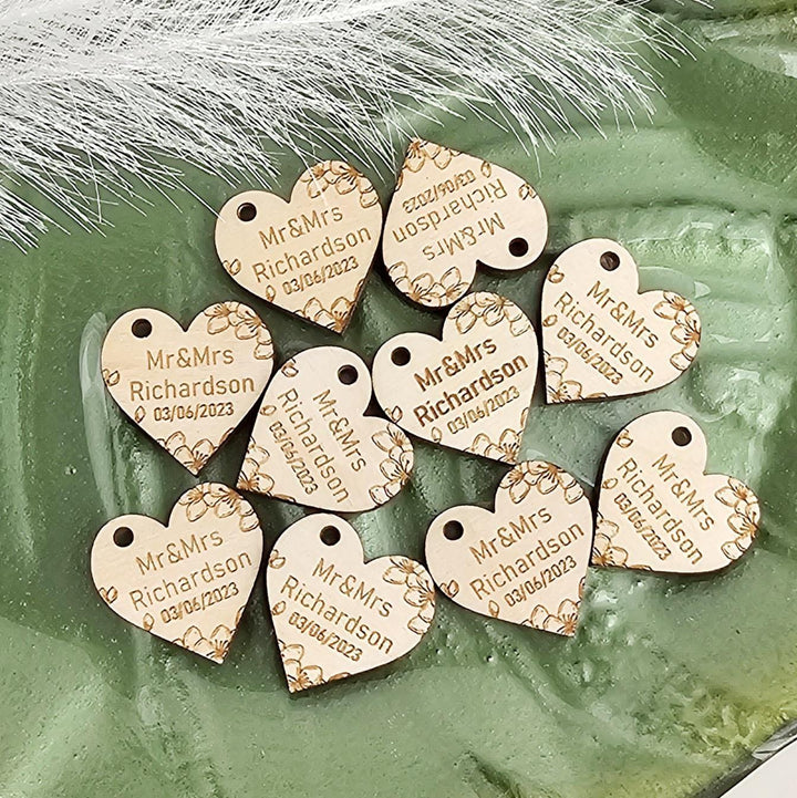 Wedding Heart Favours - Personalised Wooden Thank You Tokens,  Custom Engraved Rustic Gift Tags