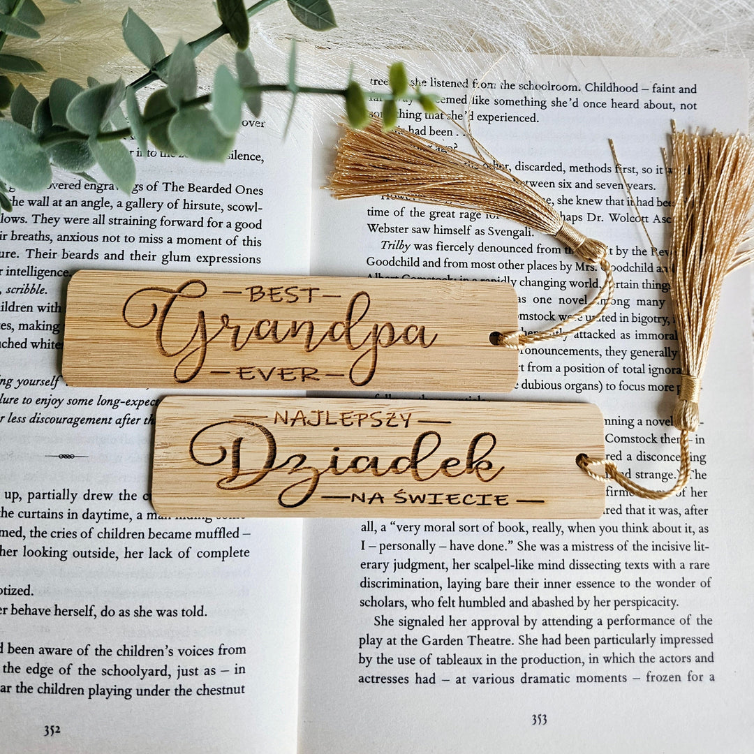 Grandfather bookmark with a silky tassel, with personalised option, size 3cmx12cm/25cm, Dzien Dziadka, Bamboo wooden gift, Fathers Day